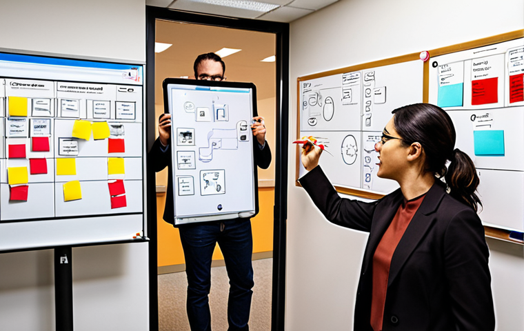 **
A diverse, multi-disciplinary team brainstorming using a digital whiteboard tool like Miro. Sticky notes, diagrams, and connections visually represent the flow of ideas and collaboration. Focus on the energy and engagement of the team members.
**