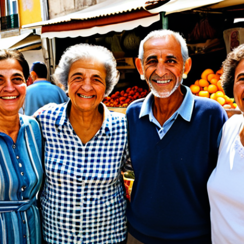 A diverse group of authentic Portuguese individuals, including an older woman with graceful wrinkles and a young adult with natural, distinctive features, all smiling genuinely and interacting in a relaxed manner. They are fully clothed in comfortable, modest, everyday attire, typical of Portuguese local life, such as linen shirts, practical trousers, and soft dresses. The setting is a bustling, sunlit local market in Lisbon, with fresh produce and handcrafted goods visible in the background, showing natural, unposed interactions. This is professional photography, captured in a candid style with warm, natural light, ensuring perfect anatomy, correct proportions, natural body proportions, well-formed hands, and proper finger count. safe for work, appropriate content, fully clothed, modest, family-friendly.