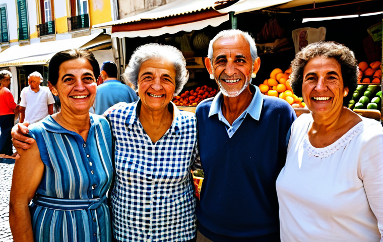 A diverse group of authentic Portuguese individuals, including an older woman with graceful wrinkles and a young adult with natural, distinctive features, all smiling genuinely and interacting in a relaxed manner. They are fully clothed in comfortable, modest, everyday attire, typical of Portuguese local life, such as linen shirts, practical trousers, and soft dresses. The setting is a bustling, sunlit local market in Lisbon, with fresh produce and handcrafted goods visible in the background, showing natural, unposed interactions. This is professional photography, captured in a candid style with warm, natural light, ensuring perfect anatomy, correct proportions, natural body proportions, well-formed hands, and proper finger count. safe for work, appropriate content, fully clothed, modest, family-friendly.