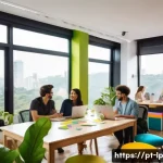 Home 21 고정관념 없는 아이디어 발상 기법 - A vibrant creative workspace featuring a diverse group of professionals in a modern Brazilian office...