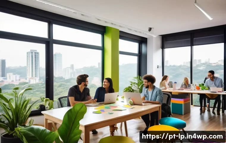 고정관념 없는 아이디어 발상 기법 - A vibrant creative workspace featuring a diverse group of professionals in a modern Brazilian office...