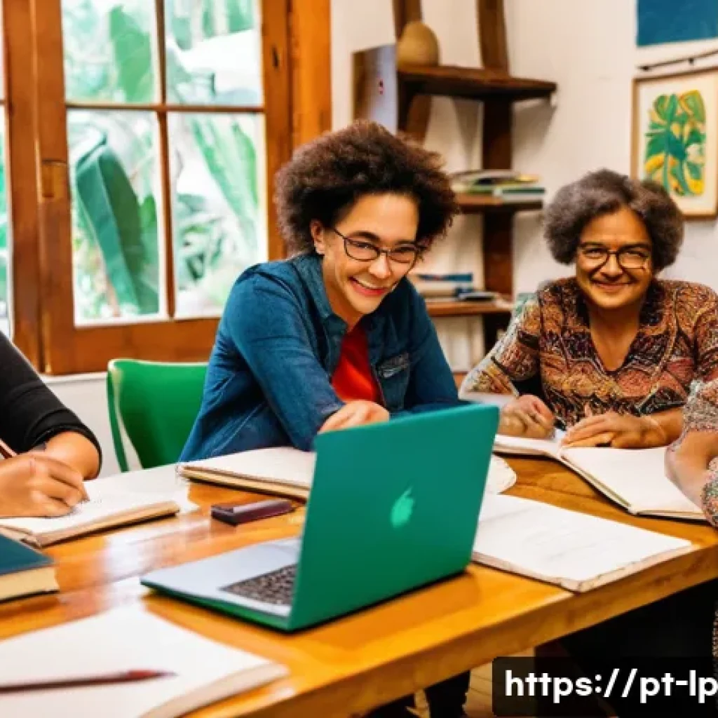고정관념을 없애는 글쓰기 워크숍 기획 - A diverse group of writers seated around a cozy, well-lit creative workshop room in Brazil, featurin...