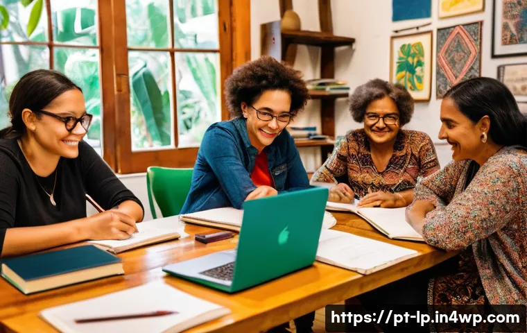 고정관념을 없애는 글쓰기 워크숍 기획 - A diverse group of writers seated around a cozy, well-lit creative workshop room in Brazil, featurin...