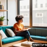 Home 19 고정관념 없는 표현을 위한 독서 목록 - A cozy, sunlit reading nook in a modern Brazilian apartment, featuring a diverse group of young adul...