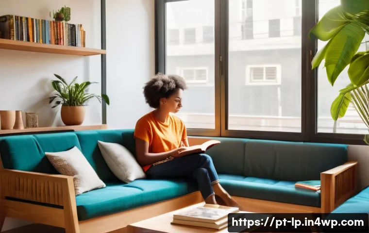 고정관념 없는 표현을 위한 독서 목록 - A cozy, sunlit reading nook in a modern Brazilian apartment, featuring a diverse group of young adul...