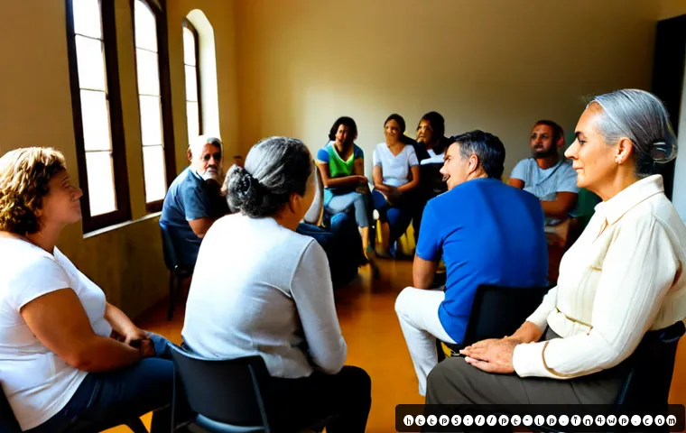 Home 13 고정관념 없는 대화법 연습하기 - Photorealistic candid scene in a bright Lisbon community center, a diverse group of Portuguese adult...